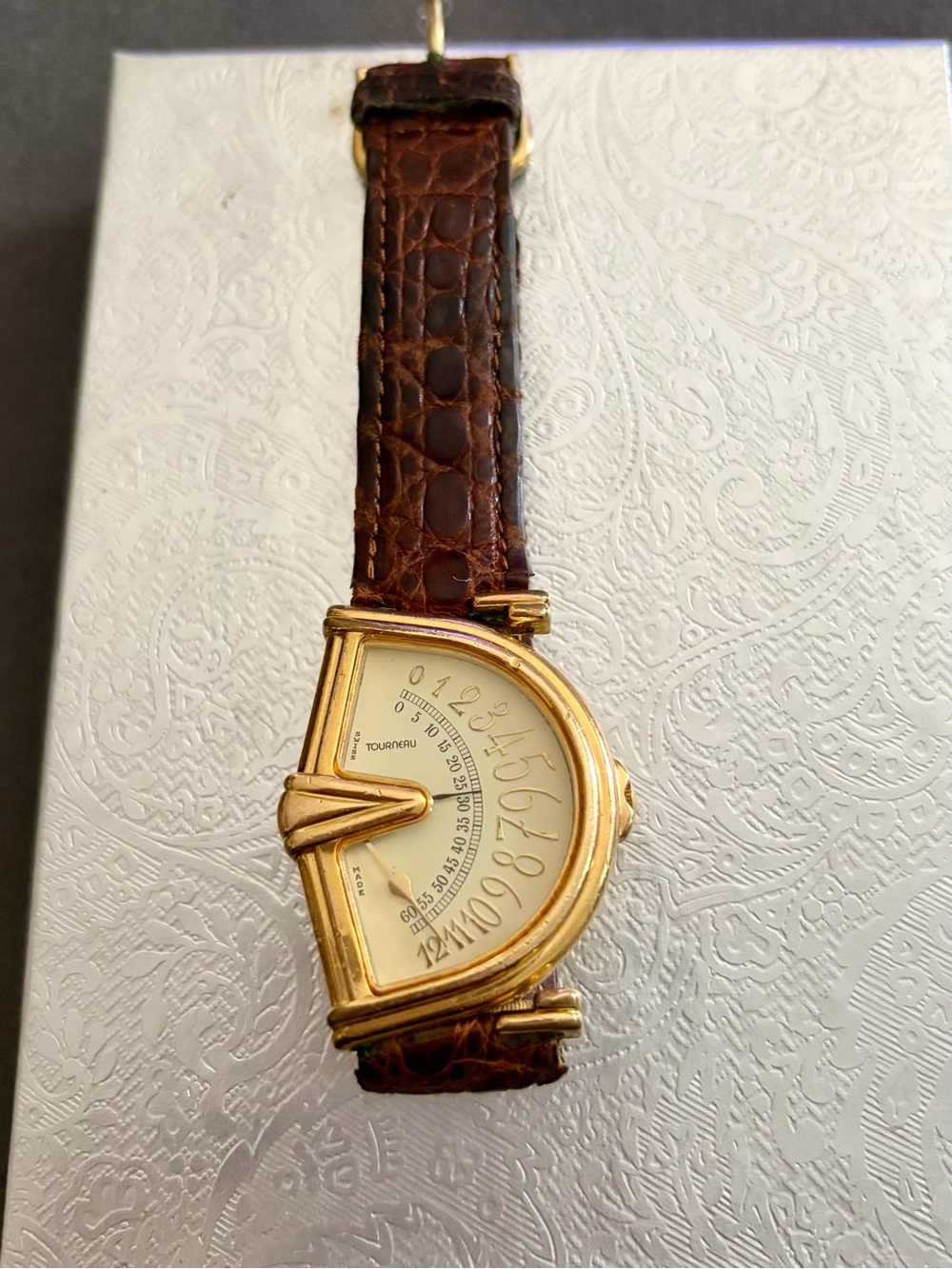 Tourneau Gold Case Brown Leather Strap Asymmetrical Dial Watch